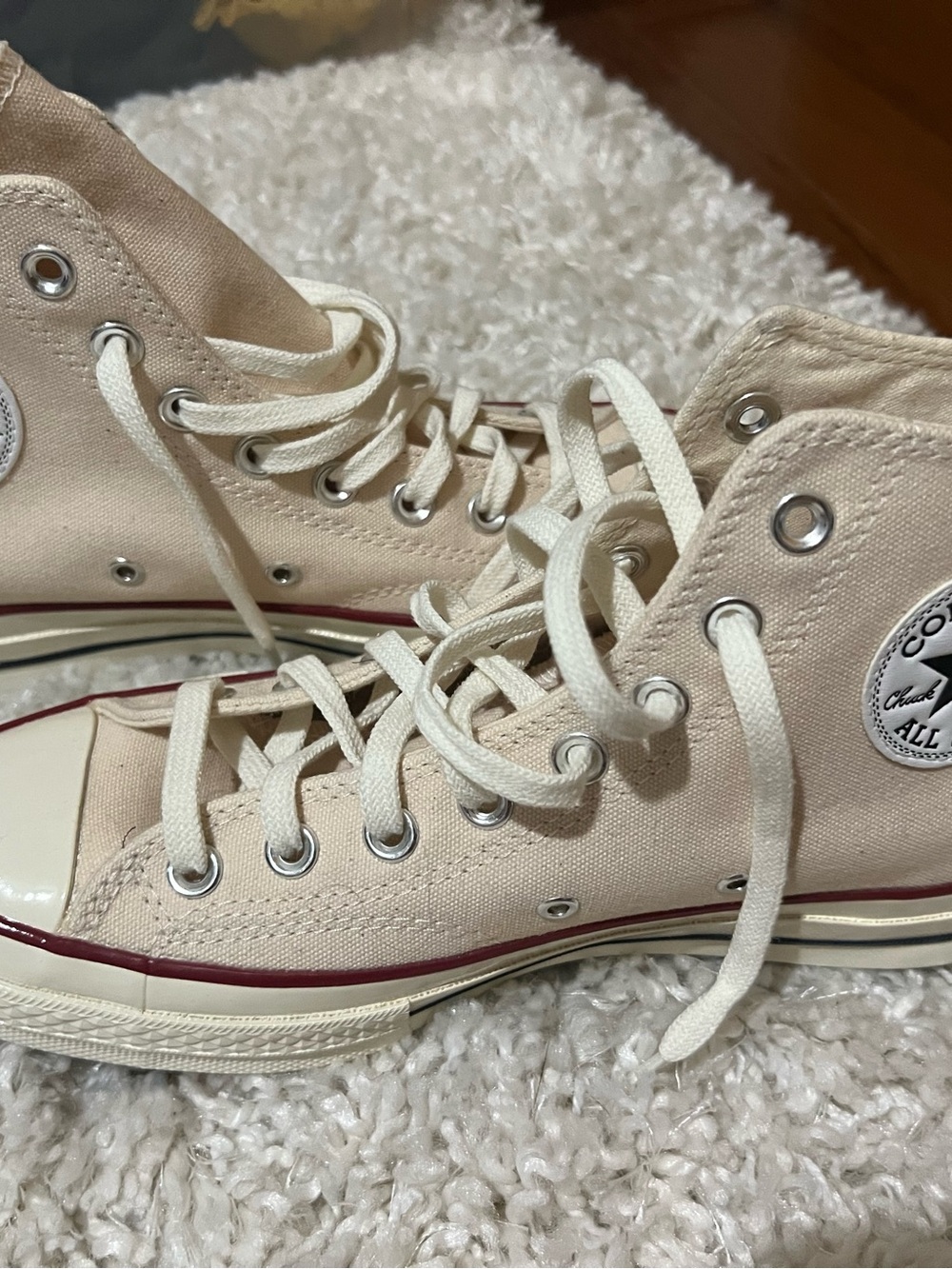 Chuck Taylor Converse High Top Sneakers — Cream with Burgundy Trim